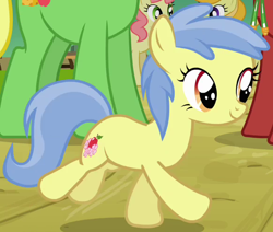 Size: 582x493 | Tagged: safe, screencap, character:apple flora, species:earth pony, species:pony, episode:apple family reunion, g4, my little pony: friendship is magic, apple family member, background pony, cropped, female, filly, running, smiling, solo focus