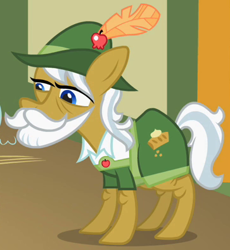 Size: 363x394 | Tagged: safe, screencap, character:apple strudel, species:earth pony, species:pony, episode:family appreciation day, g4, my little pony: friendship is magic, apple family member, beard, clothing, cropped, facial hair, male, moustache, solo, stallion