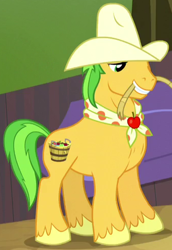 Size: 338x490 | Tagged: safe, screencap, character:bushel, character:hoss, species:earth pony, species:pony, episode:appleoosa's most wanted, g4, my little pony: friendship is magic, apple family member, background pony, clothing, cowboy hat, cropped, hat, male, mouth hold, rope, solo, stallion