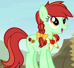 Size: 700x642 | Tagged: safe, screencap, character:candy apples, species:earth pony, species:pony, episode:appleoosa's most wanted, g4, my little pony: friendship is magic, apple family member, background pony, bow, cropped, female, hair bow, mare, open mouth, pigtails, solo