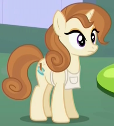 Size: 384x426 | Tagged: safe, screencap, character:cinnamon chai, species:pony, species:unicorn, episode:rarity investigates, g4, my little pony: friendship is magic, apron, background pony, clothing, cropped, eyeshadow, female, makeup, mare, solo