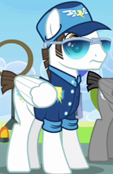 Size: 229x351 | Tagged: safe, screencap, character:fast clip, species:pegasus, species:pony, episode:wonderbolts academy, background pony, clothing, cropped, hat, male, manerick, short tail, solo focus, stallion, sunglasses, uniform