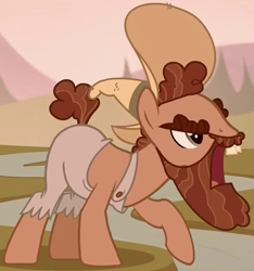 Size: 609x652 | Tagged: safe, screencap, species:earth pony, species:pony, episode:the hooffields and mccolts, g4, my little pony: friendship is magic, angry, beard, clothing, cropped, facial hair, grub hooffield, hat, hooffield family, male, moustache, open mouth, raised hoof, sepia, solo, stallion