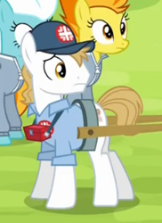 Size: 314x431 | Tagged: safe, screencap, character:fleetfoot, character:spitfire, episode:rainbow falls, g4, my little pony: friendship is magic, background pony, cart, clothing, harness, hat, hermes (character), tack