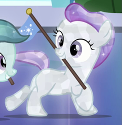 Size: 563x578 | Tagged: safe, screencap, character:glass slipper, character:hope, species:crystal pony, species:pony, episode:games ponies play, g4, my little pony: friendship is magic, background pony, cropped, female, filly, flag, mouth hold, running, solo focus