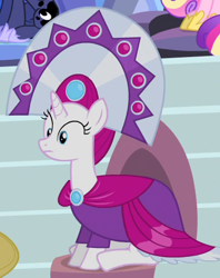 Size: 402x508 | Tagged: safe, screencap, character:princess cadance, character:princess luna, species:pony, species:unicorn, episode:equestria games, g4, my little pony: friendship is magic, background pony, duchess of maretonia, female, headdress, ice mirror, mare, sitting, solo focus