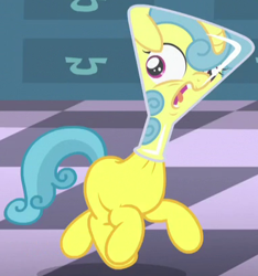 Size: 381x407 | Tagged: safe, screencap, character:lemon hearts, species:pony, species:unicorn, episode:amending fences, g4, my little pony: friendship is magic, cropped, erlenmeyer flask, filly, flask, flaskhead hearts, horrified, running, science, solo