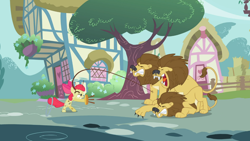 Size: 1366x768 | Tagged: safe, screencap, character:apple bloom, species:earth pony, species:pony, episode:the cutie pox, g4, my little pony: friendship is magic, big cat, cutie pox, female, filly, lion, lion tamer, loop-de-hoop, plate spinning, ponyville, roar, whip