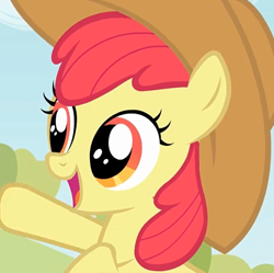 Size: 576x574 | Tagged: safe, screencap, character:apple bloom, species:earth pony, species:pony, adorabloom, applejack's hat, clothing, cowboy hat, cropped, cute, female, filly, happy, hat, open mouth, raised hoof, smiling, solo