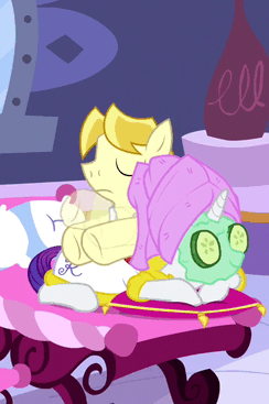 Size: 244x367 | Tagged: safe, screencap, character:rarity, episode:green isn't your color, g4, my little pony: friendship is magic, animated, cucumber, food, massage, masseuse pony, mud mask, prone
