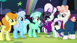 Size: 1280x720 | Tagged: safe, screencap, character:carrot top, character:coloratura, character:countess coloratura, character:golden harvest, character:linky, character:lyra heartstrings, character:shoeshine, character:svengallop, episode:the mane attraction, g4, my little pony: friendship is magic, hoofsies