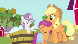 Size: 1280x720 | Tagged: safe, screencap, character:applejack, character:scootaloo, character:sweetie belle, species:earth pony, species:pegasus, species:pony, species:unicorn, episode:one bad apple, g4, my little pony: friendship is magic, apple tree, bath, bathing, bathing together, bubble, cute, cutealoo, eyes closed, female, filly, freckles, mare, outdoor bathing, outdoors, raised hoof, towel, tree, washtub, wet, wet mane