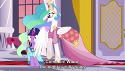 Size: 1280x720 | Tagged: safe, screencap, character:princess celestia, character:twilight sparkle, character:twilight sparkle (alicorn), species:alicorn, species:pony, episode:make new friends but keep discord, g4, my little pony: friendship is magic, caption, dialogue, female, mare, out of context, wing shove, wingpush, wings