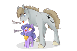 Size: 1280x854 | Tagged: safe, artist:lolepopenon, oc, oc only, oc:billie, oc:jace, bandana, duo, father and daughter, female, filly, onomatopoeia, raspberry, raspberry noise, simple background, tongue out, transparent background