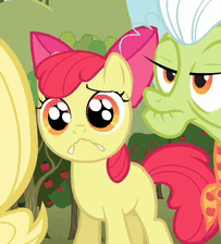 Size: 203x224 | Tagged: safe, screencap, character:apple bloom, character:applejack, character:granny smith, species:earth pony, species:pony, episode:the super speedy cider squeezy 6000, g4, my little pony: friendship is magic, adorabloom, animated, butt touch, cute, faec, female, filly, hoof on butt, mare, sad, sadorable
