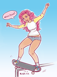 Size: 1146x1554 | Tagged: safe, artist:mcponyponypony, character:pinkie pie, species:human, clothing, converse, female, grinding, humanized, midriff, rail grinding, shoes, shorts, skateboard, skateboarding, sneakers, solo