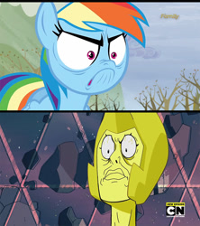 Size: 768x864 | Tagged: safe, screencap, character:rainbow dash, episode:tanks for the memories, g4, my little pony: friendship is magic, spoilers for another series, angry, comparison, do i look angry, faec, solo, steven universe, yellow diamond (steven universe)
