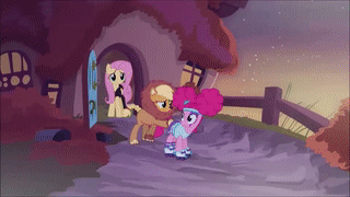 Size: 320x180 | Tagged: safe, screencap, character:applejack, character:fluttershy, character:pinkie pie, character:rainbow dash, character:rarity, character:twilight sparkle, character:twilight sparkle (alicorn), species:alicorn, species:bird, species:pony, episode:scare master, g4, my little pony: friendship is magic, animated, applelion, astrodash, athena sparkle, butt touch, clothing, costume, female, flutterbat costume, fluttershy's cottage, harry the swamp monster, hoof on butt, mane six, mare, mermaid, mermarity, nightmare night, nightmare night costume, push ponk, pushing, roller skates, rump push, skirt