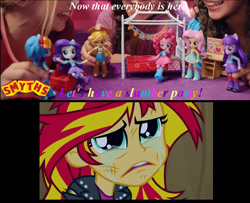 Size: 1475x1200 | Tagged: safe, screencap, character:applejack, character:fluttershy, character:pinkie pie, character:rainbow dash, character:rarity, character:sunset shimmer, character:twilight sparkle, my little pony:equestria girls, clothing, commercial, crying, doll, equestria girls minis, hilarious in hindsight, image macro, mane six, meme, rude, skirt, sunsad shimmer, toy