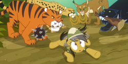 Size: 865x431 | Tagged: safe, screencap, character:daring do, species:pegasus, species:pony, episode:read it and weep, g4, my little pony: friendship is magic, :o, ahuizotl's cats, animal, big cat, cat, cheetah, club, female, flail, lasso, lynx, mare, morning star, mouth hold, panther, prone, rope, tiger, too many cats, weapon, wide eyes