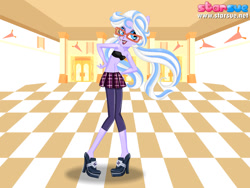 Size: 800x600 | Tagged: safe, screencap, character:sugarcoat, equestria girls:friendship games, g4, my little pony:equestria girls, bandeau, black underwear, bra, clothing, glasses, high heels, leggings, midriff, open clothes, partial nudity, pigtails, school uniform, skirt, solo, starsue, topless, underwear, undressing