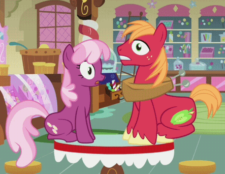 Size: 443x342 | Tagged: safe, screencap, character:big mcintosh, character:cheerilee, species:earth pony, species:pony, ship:cheerimac, episode:hearts and hooves day, g4, my little pony: friendship is magic, animated, blinking, male, shipping, stallion, straight, stunned