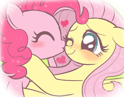 Size: 1280x996 | Tagged: safe, artist:momo, character:fluttershy, character:pinkie pie, species:pony, ship:flutterpie, blushing, cute, diapinkes, eyes closed, female, floppy ears, heart, kissing, lesbian, mare, one eye closed, shipping, shyabetes, smiling, sparkles, wink