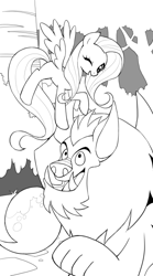 Size: 400x720 | Tagged: safe, artist:kairean, character:fluttershy, grayscale, lineart, manny roar, manticore, monochrome, strength, tarot card, wip
