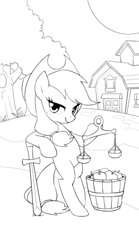Size: 350x630 | Tagged: safe, artist:kairean, character:applejack, apple, black and white, food, grayscale, justice, justitia, lady justice (goddess), lineart, monochrome, scales, scales of justice, solo, sword, tarot card, weapon, wip