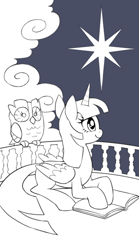 Size: 350x630 | Tagged: safe, artist:kairean, character:owlowiscious, character:twilight sparkle, character:twilight sparkle (alicorn), species:alicorn, species:pony, book, female, lineart, mare, monochrome, partial color, solo, tarot card, the star, wip