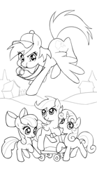 Size: 350x630 | Tagged: safe, artist:kairean, character:apple bloom, character:rainbow dash, character:scootaloo, character:sweetie belle, species:pegasus, species:pony, black and white, blowing, clothing, cutie mark crusaders, flying, grayscale, hat, judgement, lineart, monochrome, puffy cheeks, referee, tarot card, whistle, whistle necklace, wip
