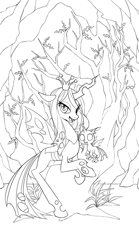 Size: 500x900 | Tagged: safe, artist:kairean, character:queen chrysalis, species:changeling, black and white, cuteling, grayscale, lineart, looking at you, monochrome, nymph, wip
