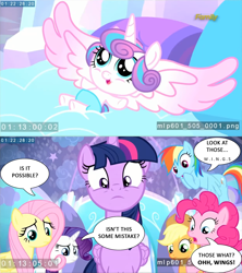 Size: 1242x1396 | Tagged: safe, screencap, character:applejack, character:fluttershy, character:pinkie pie, character:princess flurry heart, character:rainbow dash, character:rarity, character:twilight sparkle, species:pony, baby, baby pony, cute, dialogue, diaper, discovery family logo, disney, drama, dumbo, flurry heart drama, flurrybetes, mane six, parody, reference, spread wings, wings