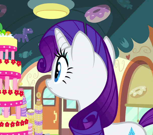 Size: 608x540 | Tagged: safe, screencap, character:rarity, episode:mmmystery on the friendship express, g4, my little pony: friendship is magic, animated, cake, floppy ears, food, rarity looking at food, scrunchy face