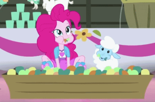 Size: 494x325 | Tagged: safe, screencap, character:pinkie pie, character:twilight sparkle, species:chicken, species:sheep, episode:shake your tail, equestria girls:rainbow rocks, g4, my little pony:equestria girls, animated, boots, clothing, cropped, cute, diapinkes, eating, high heel boots, humans doing horse things, nom, pinkie being pinkie, skirt