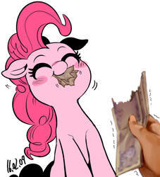 Size: 976x1077 | Tagged: safe, artist:nekubi, character:pinkie pie, species:earth pony, species:human, species:pony, blushing, chewing, cute, diapinkes, eating, exploitable meme, eyes closed, female, fistful of yen, floppy ears, hand, horses doing horse things, meme, money, nom, offscreen character, puffy cheeks, reality ensues, shivering, smiling
