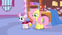 Size: 1366x768 | Tagged: safe, screencap, character:fluttershy, character:sweetie belle, episode:stare master, g4, my little pony: friendship is magic, cape, carousel boutique, clothing, cmc cape, duo
