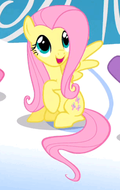 Size: 248x391 | Tagged: safe, screencap, character:fluttershy, character:pinkie pie, character:twilight sparkle, species:pegasus, species:pony, episode:sonic rainboom, g4, my little pony: friendship is magic, :d, animated, blinking, cropped, cute, looking up, raised hoof, shyabetes, sitting, spread wings, wings