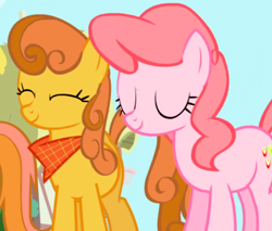 Size: 700x596 | Tagged: safe, screencap, character:ginger gold, character:pink lady, species:earth pony, species:pony, episode:friendship is magic, g4, my little pony: friendship is magic, season 1, apple family member, background pony, cropped, duo, duo focus, eyes closed, female, mare, neckerchief, smiling, unnamed pony