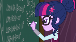 Size: 1280x720 | Tagged: safe, screencap, character:twilight sparkle, character:twilight sparkle (scitwi), species:eqg human, equestria girls:friendship games, g4, my little pony:equestria girls, chalk, chalkboard, equation, left handed, solo