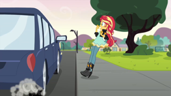 Size: 1280x720 | Tagged: safe, screencap, character:sunset shimmer, equestria girls:friendship games, g4, my little pony:equestria girls, car, shocked, tree