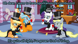 Size: 1723x969 | Tagged: safe, artist:toxicalien2014, screencap, character:applejack, character:derpy hooves, character:rainbow dash, character:rarity, species:pegasus, species:pony, alcohol, british, caption, captioned, clothing, dapper, family guy, fancy, female, food, hat, mare, monocle, monocle and top hat, moustache, on fire, parody, spontaneous combustion, suit, top hat, wine, wine glass