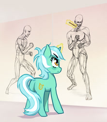 Size: 800x905 | Tagged: safe, artist:hunternif, character:lyra heartstrings, species:human, anatomy, drawing, female, lyra doing lyra things, magic, muscles, realistic, solo, that pony sure does love humans, wall