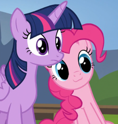 Size: 372x389 | Tagged: safe, screencap, character:pinkie pie, character:twilight sparkle, character:twilight sparkle (alicorn), species:alicorn, species:earth pony, species:pony, episode:testing testing 1-2-3, g4, my little pony: friendship is magic, :3, catface, cropped, cute, diapinkes, female, mare, meme origin, sitting, sitting catface meme, smiling