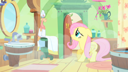 Size: 1280x720 | Tagged: safe, screencap, character:fluttershy, character:philomena, species:bird, species:pegasus, species:phoenix, species:pony, episode:a bird in the hoof, g4, my little pony: friendship is magic, bathroom, cooing, cute, duo, female, floppy ears, fluttershy's cottage, fluttershy's cottage (interior), mare, raised hoof, shyabetes, steam, towel