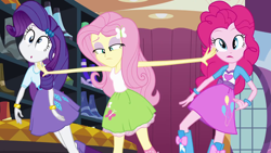 Size: 1280x720 | Tagged: safe, screencap, character:fluttershy, character:pinkie pie, character:rarity, equestria girls:equestria girls, g4, my little pony:equestria girls, clothing, derp, great moments in animation, impossibly long arms, skirt, stretchy