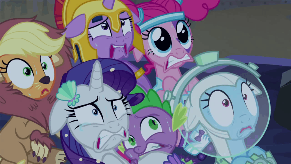 Size: 1000x562 | Tagged: safe, screencap, character:applejack, character:pinkie pie, character:rainbow dash, character:rarity, character:spike, character:twilight sparkle, character:twilight sparkle (alicorn), species:alicorn, species:pony, episode:scare master, g4, my little pony: friendship is magic, animated, applelion, astrodash, athena sparkle, clothing, costume, female, floppy ears, mare, mermaid, mermarity, nightmare night, nightmare night costume, pinkie puffs, roller skates, scared, sweatband