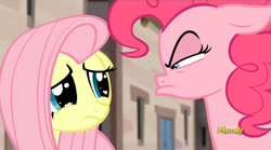 Size: 1440x801 | Tagged: safe, screencap, character:fluttershy, character:pinkie pie, episode:the cutie map, g4, my little pony: friendship is magic, angry, big eyes, cute, disapproval, discovery family logo, eye contact, faec, floppy ears, frown, glare, our town, sad