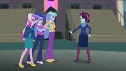Size: 1280x720 | Tagged: safe, screencap, character:dean cadance, character:princess cadance, character:princess celestia, character:princess luna, character:principal abacus cinch, character:principal celestia, character:vice principal luna, equestria girls:friendship games, g4, my little pony:equestria girls, cadance is not amused, celestia is not amused, crossed arms, fist, hand on hip, luna is not amused, unamused, vice principal luna