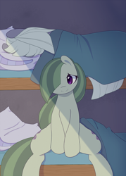 Size: 900x1260 | Tagged: safe, artist:joyfulinsanity, character:limestone pie, character:marble pie, both cutie marks, bunk bed, hair over one eye